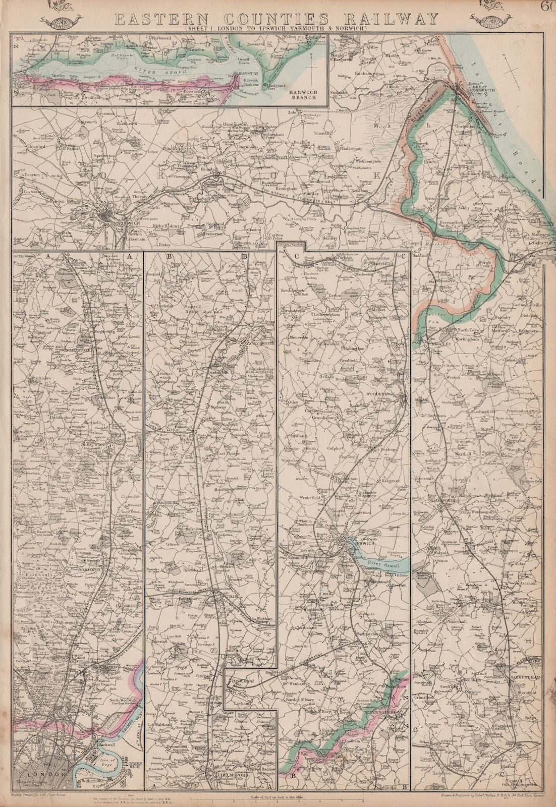 EASTERN COUNTIES RAILWAY 1.London to Ipswich Yarmouth & Norwich.WELLER 1862 map